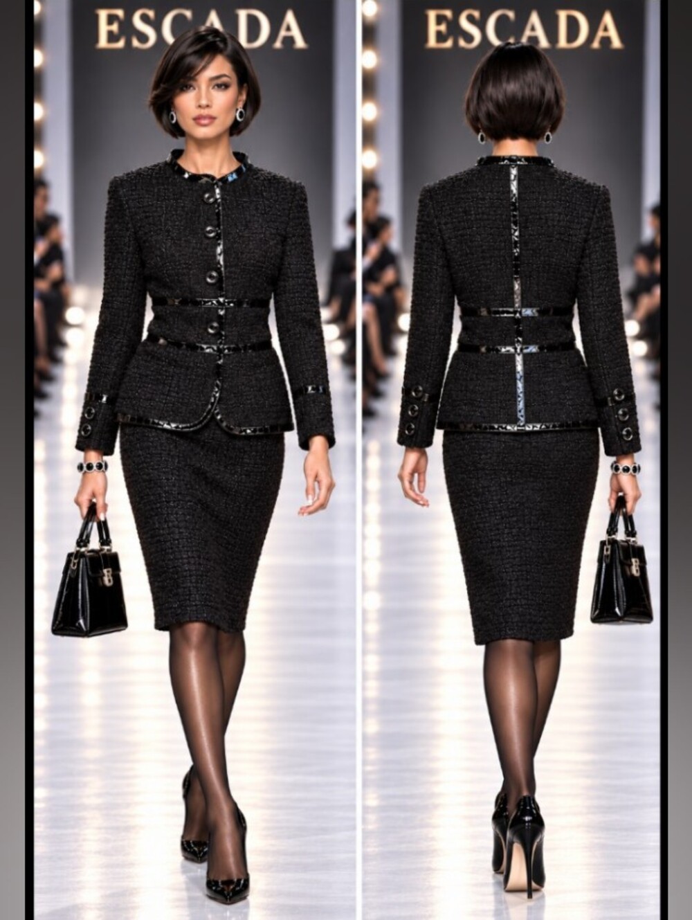 NWT ESCADA 10/12 BLACK BOUCLE WOOL CALFSKIN PATENT LEATHER LOGO NWT SKIRT SUIT
